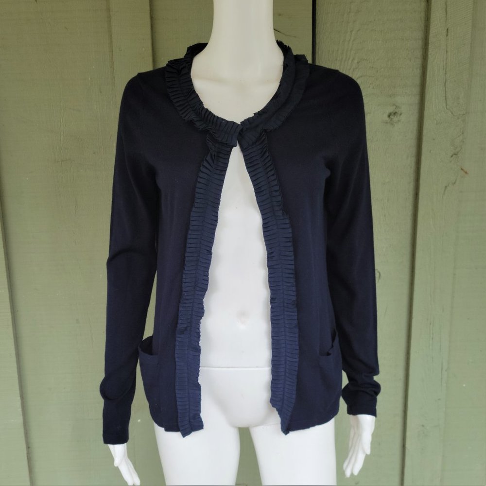 TALBOTS Navy Blue Knit Pleated Neck Placket Cardigan Sweater XS